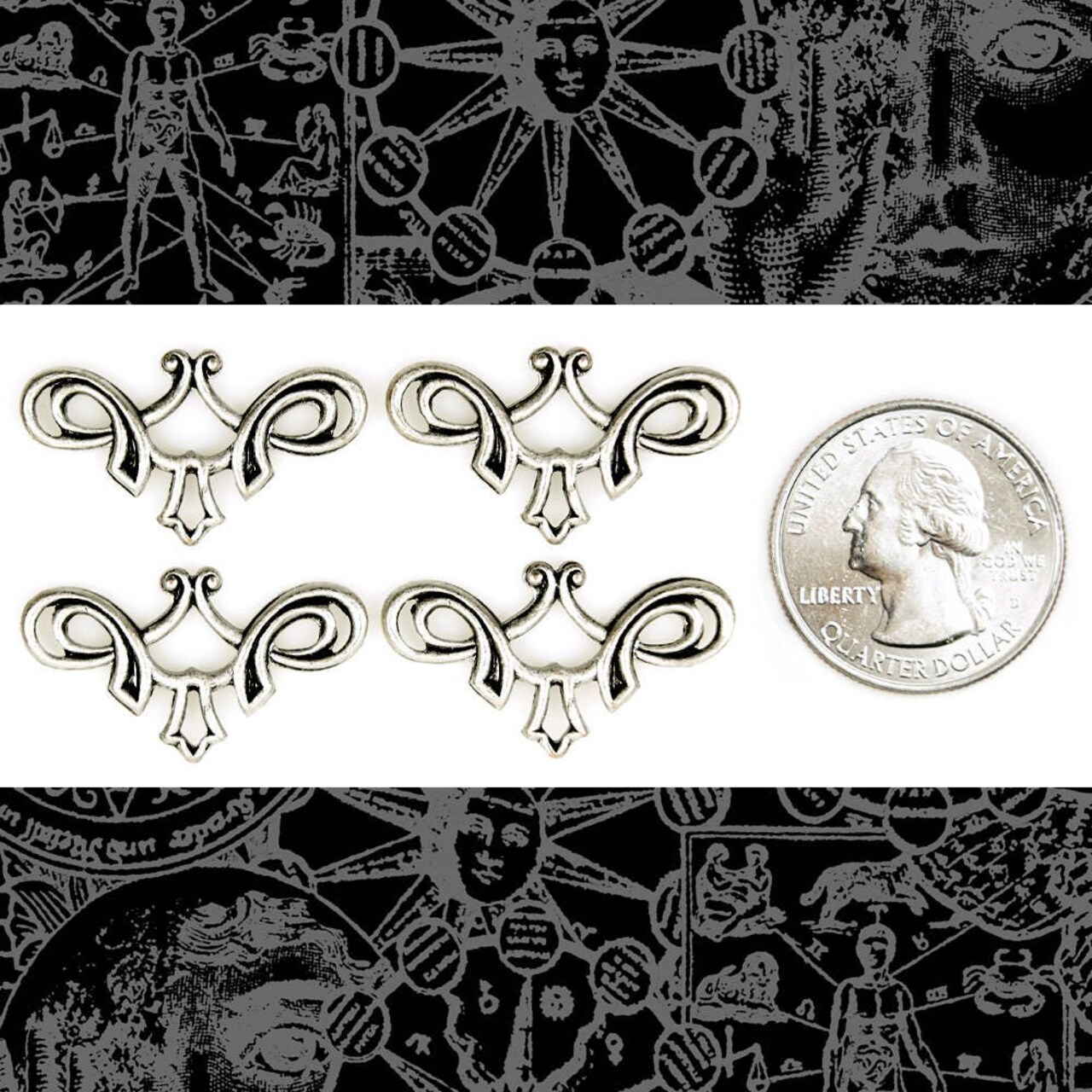 Antiqued Silver Plated Brass Art Deco Keyhole Three Way Connectors - Set of Four - S-3C22